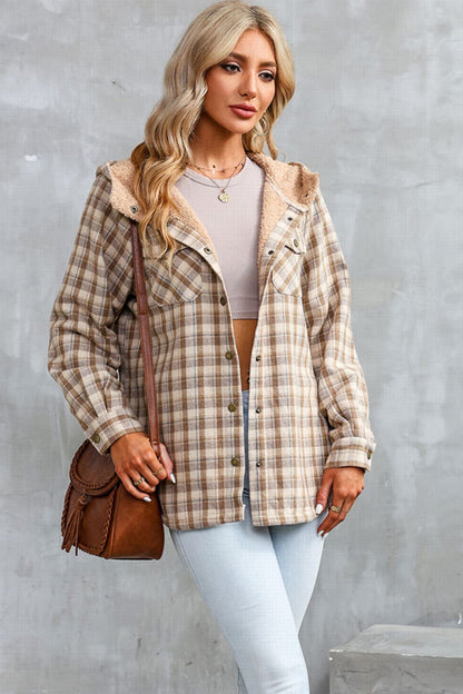 Plaid Snap Down Hooded Jacket Beige / M