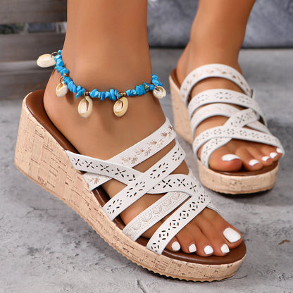 Faux Leather Crisscross Wedge Sandals