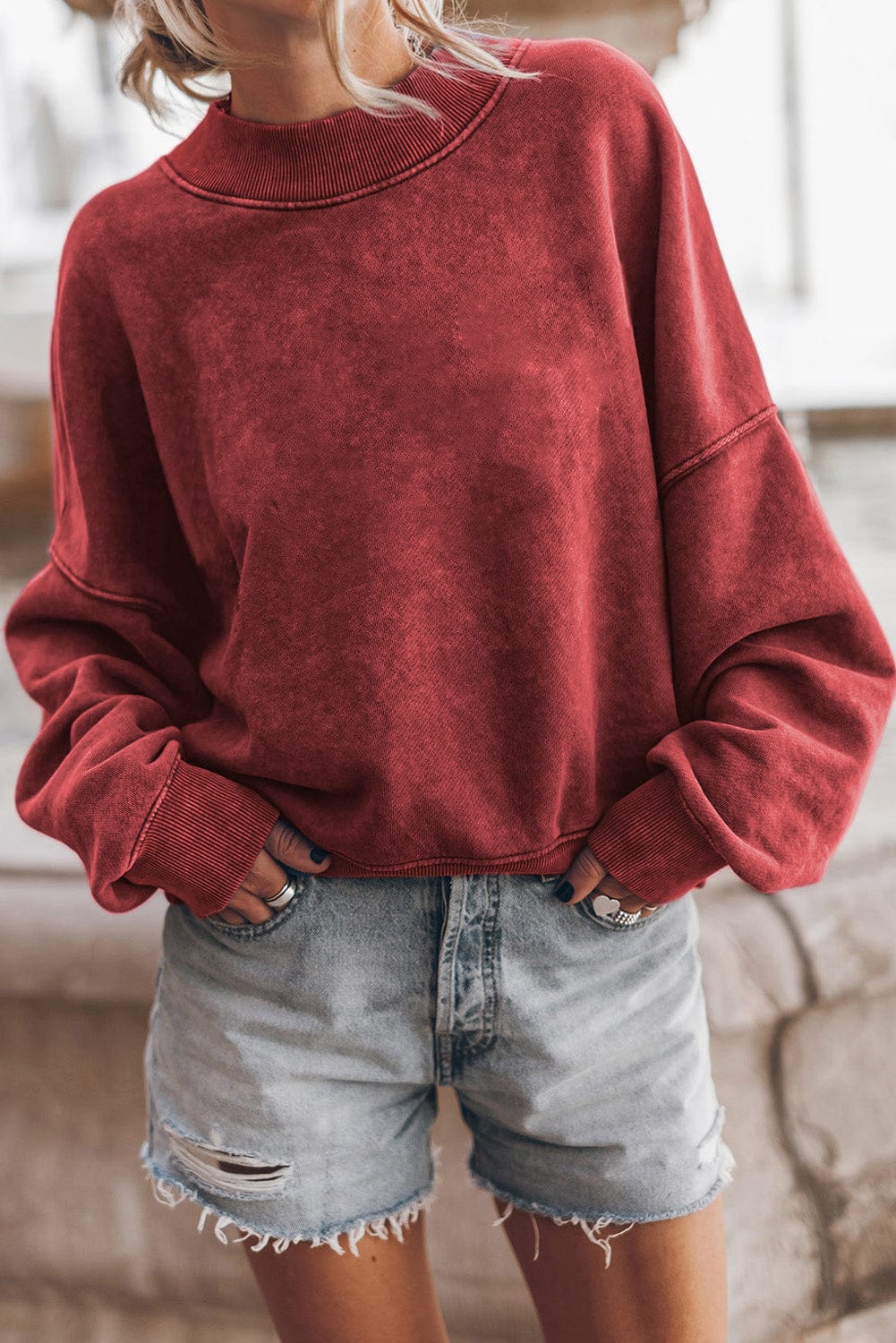 Ribbed Round Neck Dropped Shoulder Sweatshirt Deep Red / L
