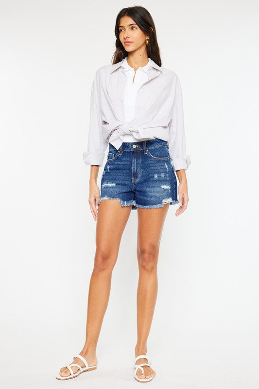 High Rise No Stitch Frayed Hem Denim Shorts