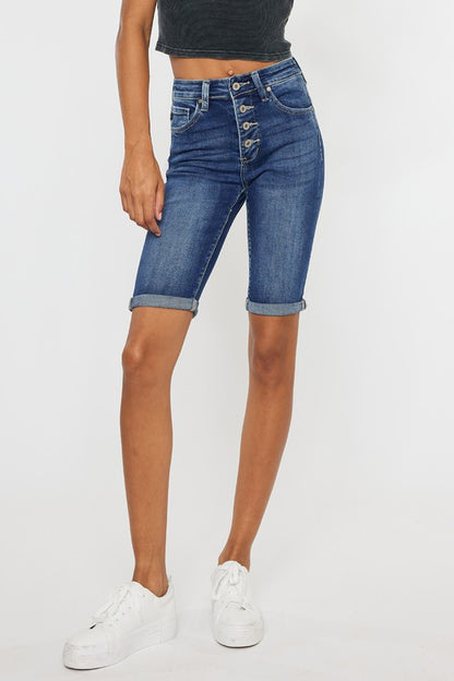 High Rise Cuff Bermuda Denim Shorts