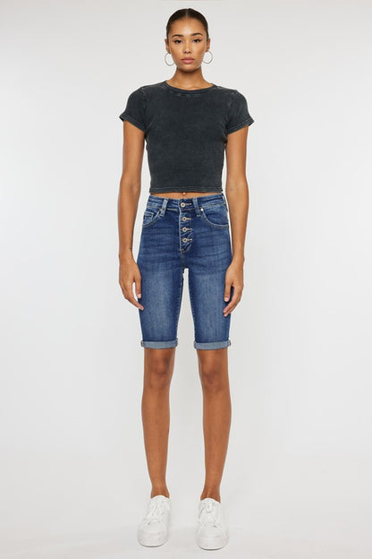 High Rise Cuff Bermuda Denim Shorts