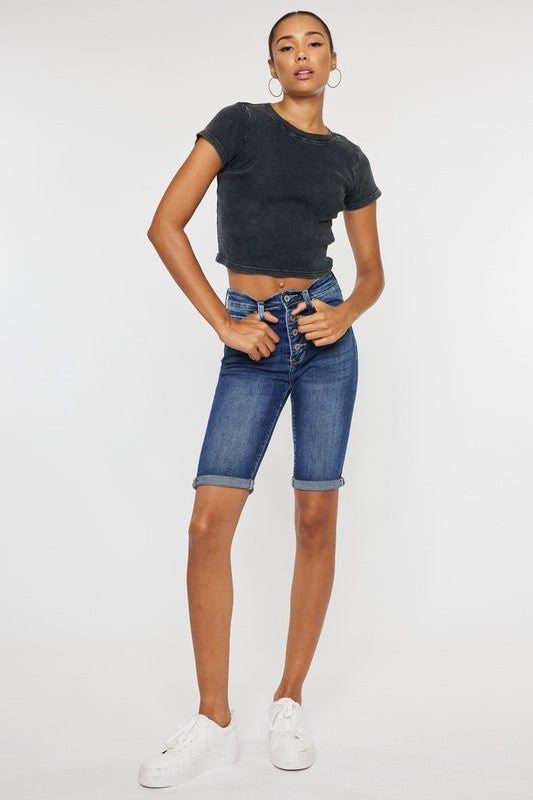 High Rise Cuff Bermuda Denim Shorts