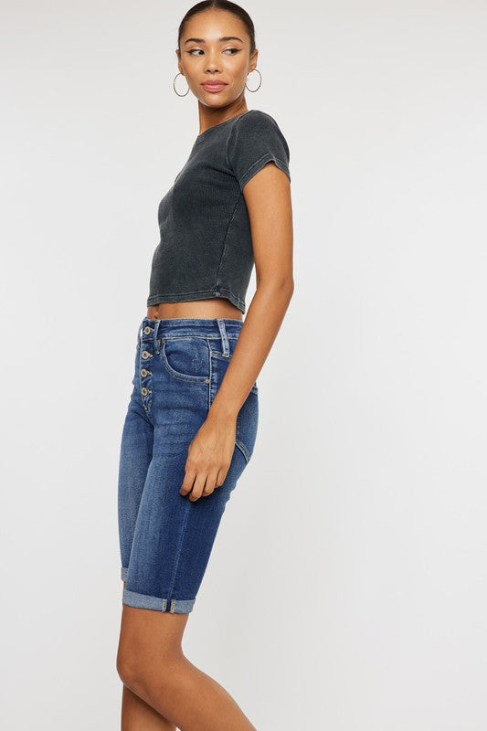 High Rise Cuff Bermuda Denim Shorts