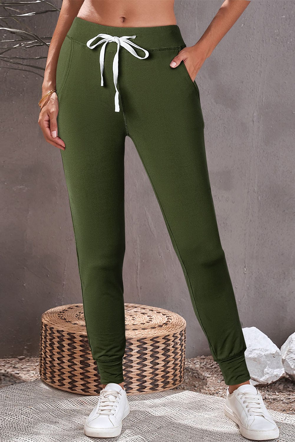 Drawstring Joggers with Pockets Army Green / L