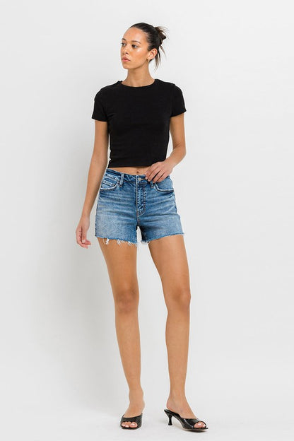 High Rise Raw Hem Denim Shorts