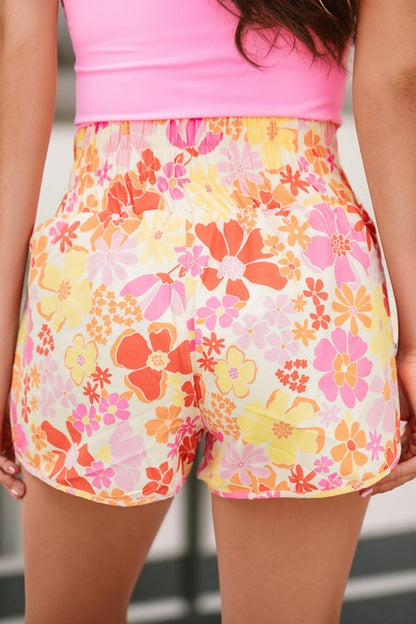 Boho Floral Shirred High Waist Casual Shorts