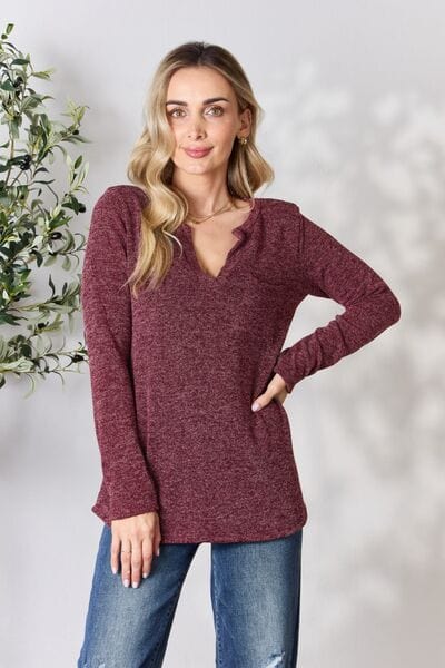 Heimish Full Size Notched Long Sleeve Top Burgundy / S