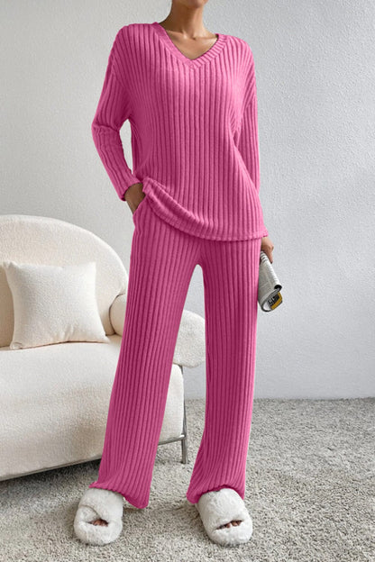 Ribbed V-Neck Top and Pants Set Hot Pink / 2XL