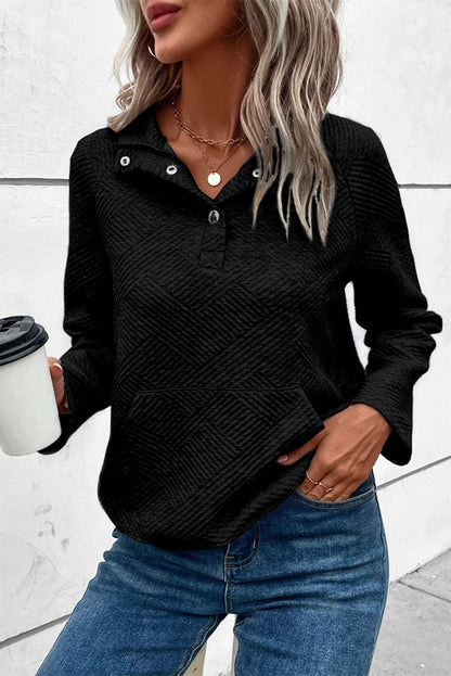 Geometric Snap Button Long Sleeve Sweatshirt Black / S