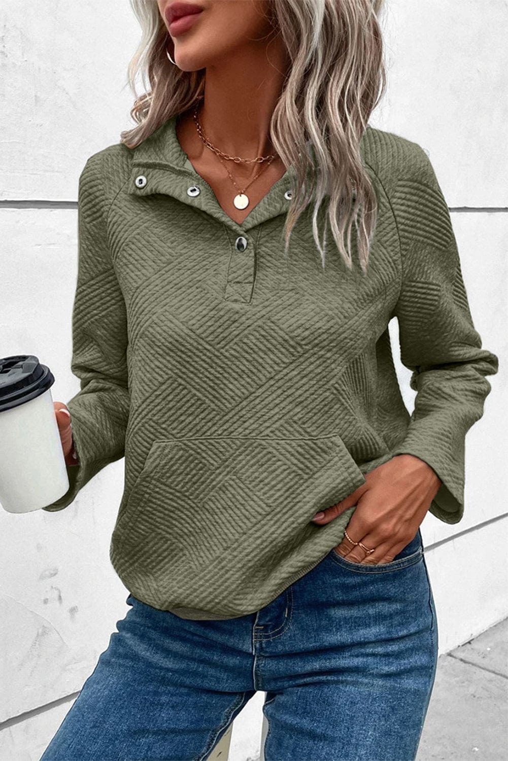 Geometric Snap Button Long Sleeve Sweatshirt Sage / XL