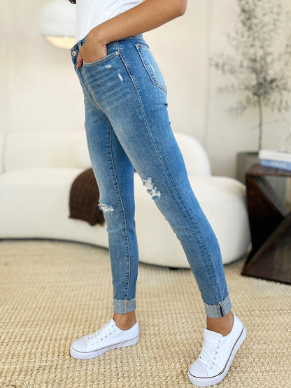 Judy Blue Full Size Mid Rise Destroy & Cuff Skinny Jeans
