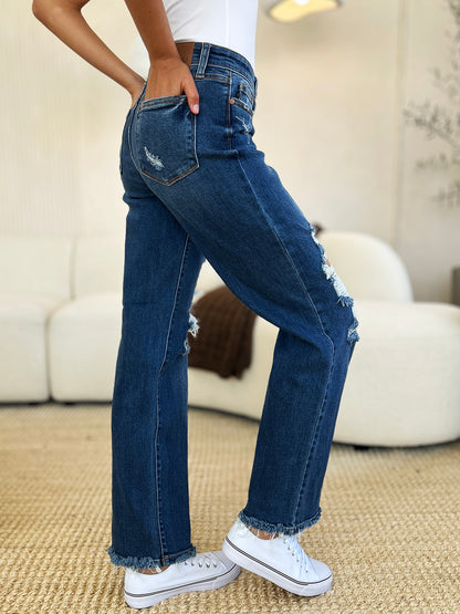 Judy Blue Full Size Mid Rise Distressed Raw Hem Jeans