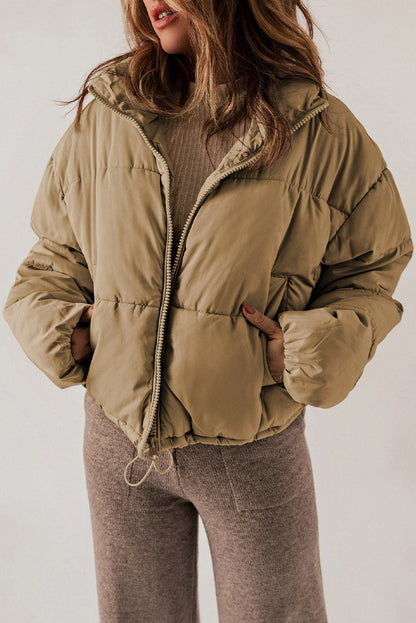 Zip Up Collared Neck Long Sleeve Winter Coat Taupe / S