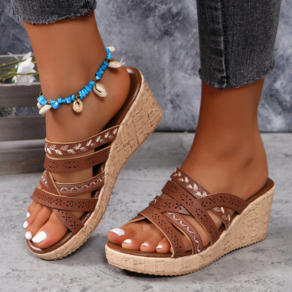 Faux Leather Crisscross Wedge Sandals