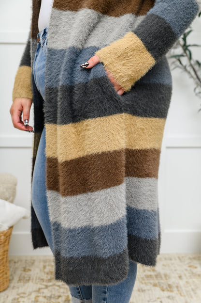 Fuzzy Longline Cardigan In Blue & Cocoa