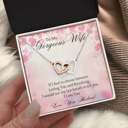 Interlocking Hearts Necklace For Her Polished Stainless Steel & Rose Gold Finish / Standard Box / Gorgeous Wife