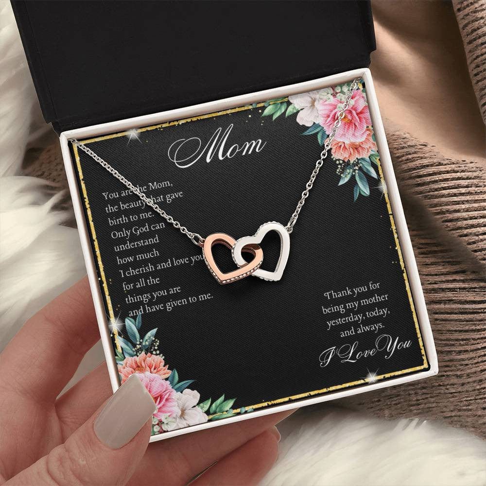 Interlocking Hearts Necklace For Her Polished Stainless Steel & Rose Gold Finish / Standard Box / Mom