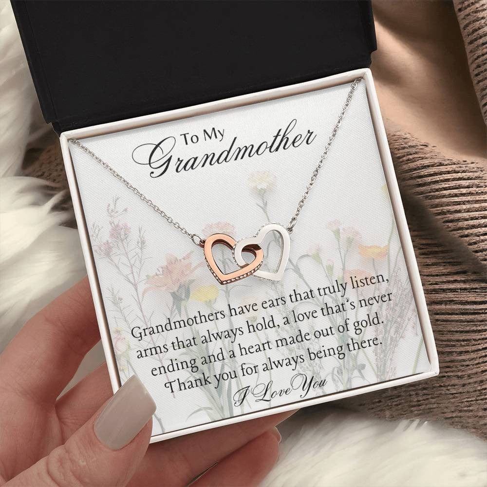 Interlocking Hearts Necklace For Her Polished Stainless Steel & Rose Gold Finish / Standard Box / Grandmother