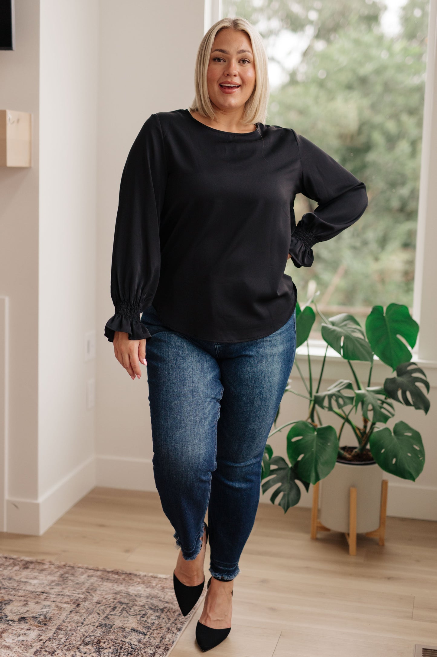 Peaceful Moments Smocked Sleeve Blouse in Black