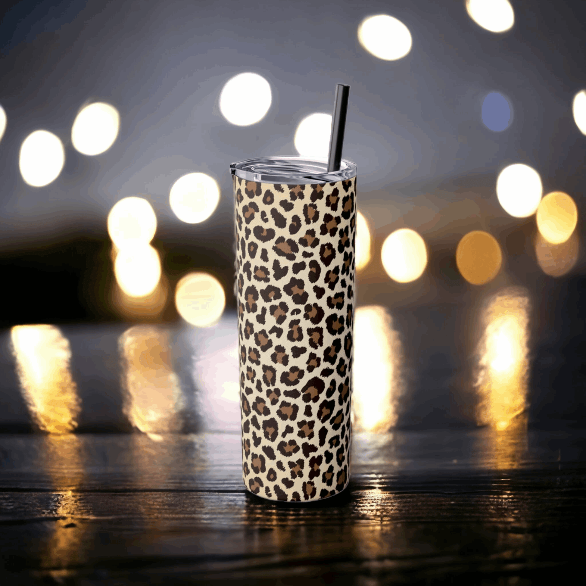 Leopard - Skinny Tumbler with Straw, 20oz Matte / Smooth Black / 20oz