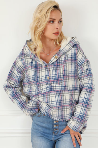 Plaid Long Sleeve Buttoned Hoodie