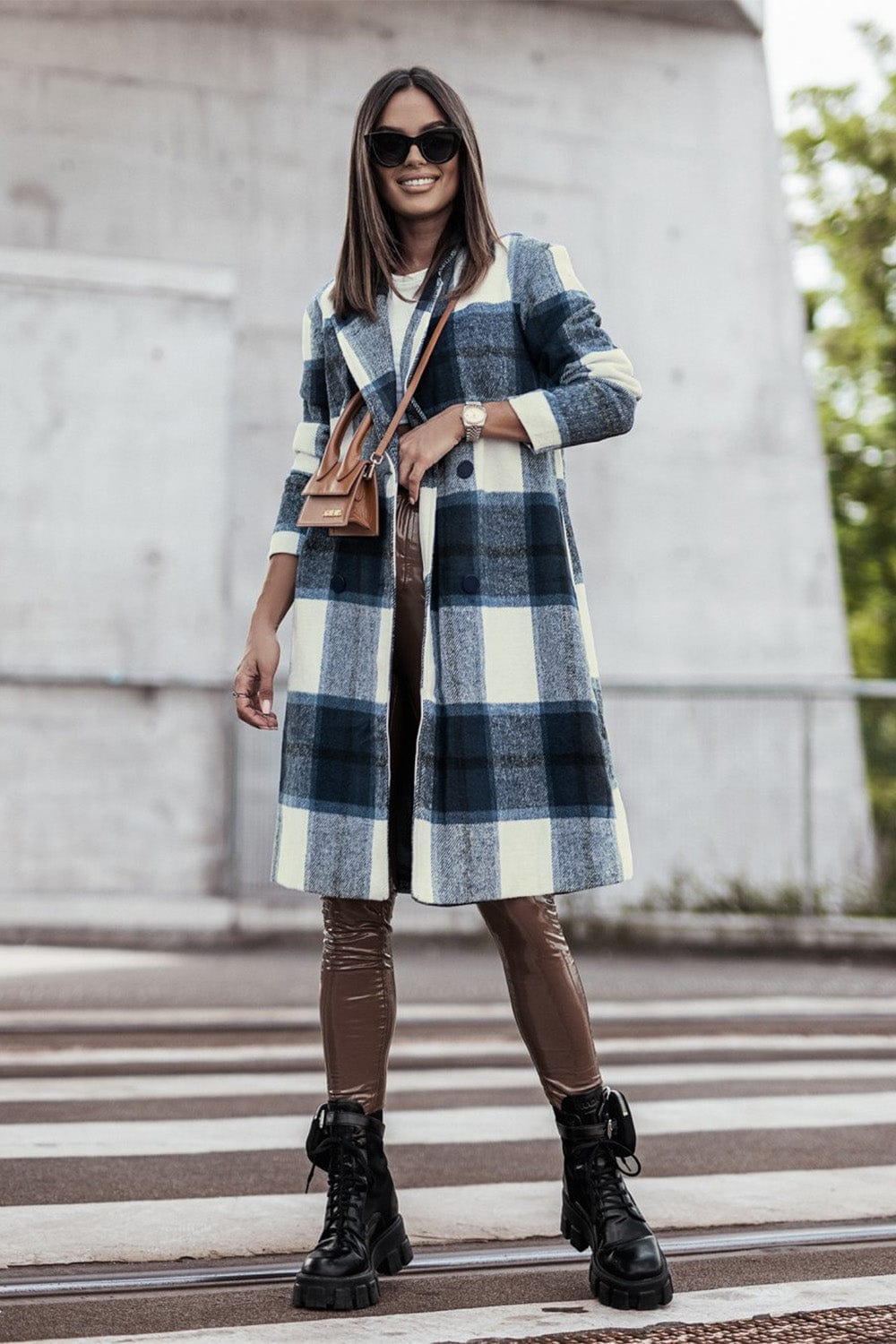 Double Take Full Size Plaid Button Up Lapel Collar Coat Peacock  Blue / XL