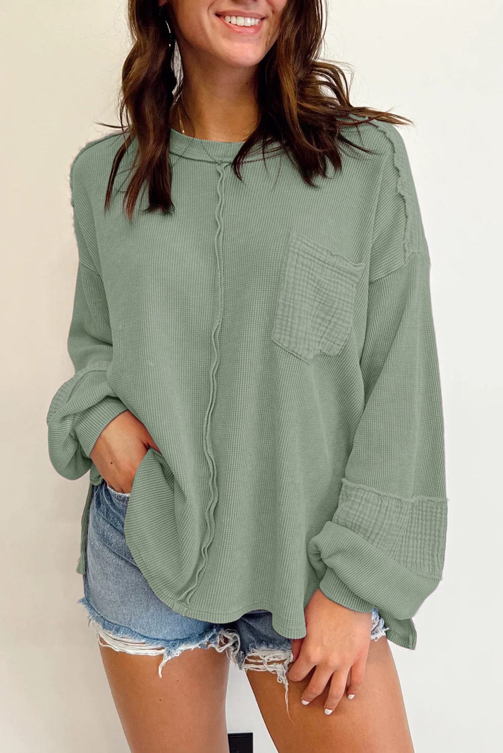 Waffle-Knit Exposed Seam Lantern Sleeve Top Sage / XL