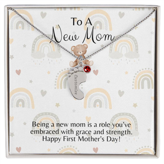 New Mom Baby Feet Necklace with Birthstone