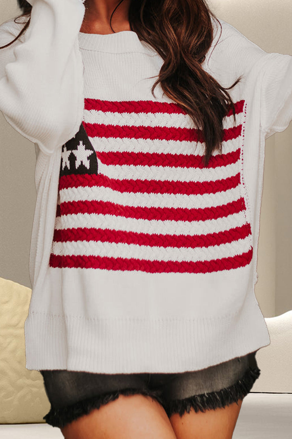 US Flag Round Neck Long Sleeve Knit Sweater