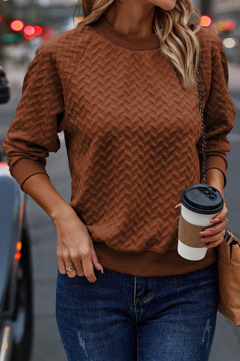 Textured Round Neck Long Sleeve Sweatshirt Chestnut / M