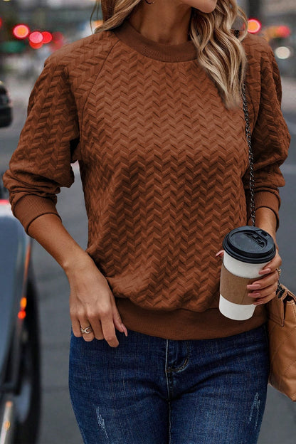 Textured Round Neck Long Sleeve Sweatshirt Chestnut / S