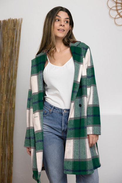 Double Take Full Size Plaid Button Up Lapel Collar Coat Green / S