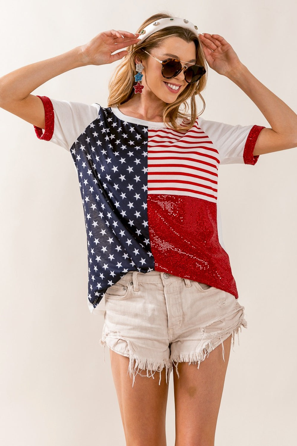 BiBi Star & Stripes Round Neck Short Sleeve T-Shirt