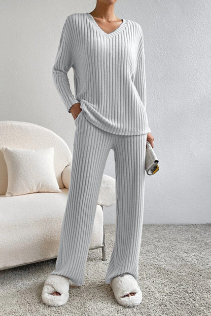 Ribbed V-Neck Top and Pants Set Light Gray / S