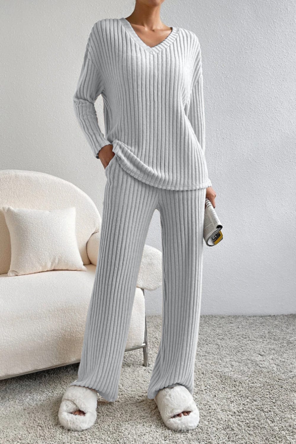 Ribbed V-Neck Top and Pants Set Light Gray / M