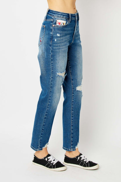 Queen of Hearts Distressed Boyfriend Fit Jeans