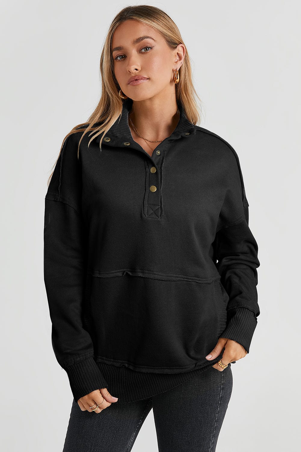 Half Snap Drop Shoulder Long Sleeve Sweatshirt Black / 2XL