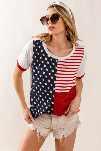 BiBi Star & Stripes Round Neck Short Sleeve T-Shirt