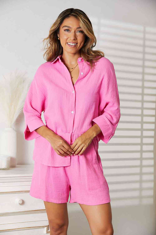 Double Take Textured Shirt and Elastic Waist Shorts Set Fuchsia Pink / S