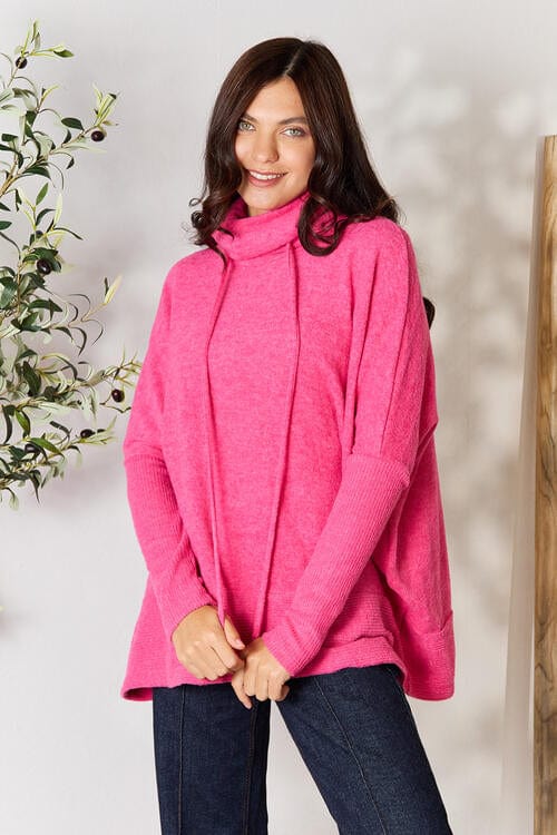 Zenana Drawstring Mock Neck Sweater Fuchsia / S/M