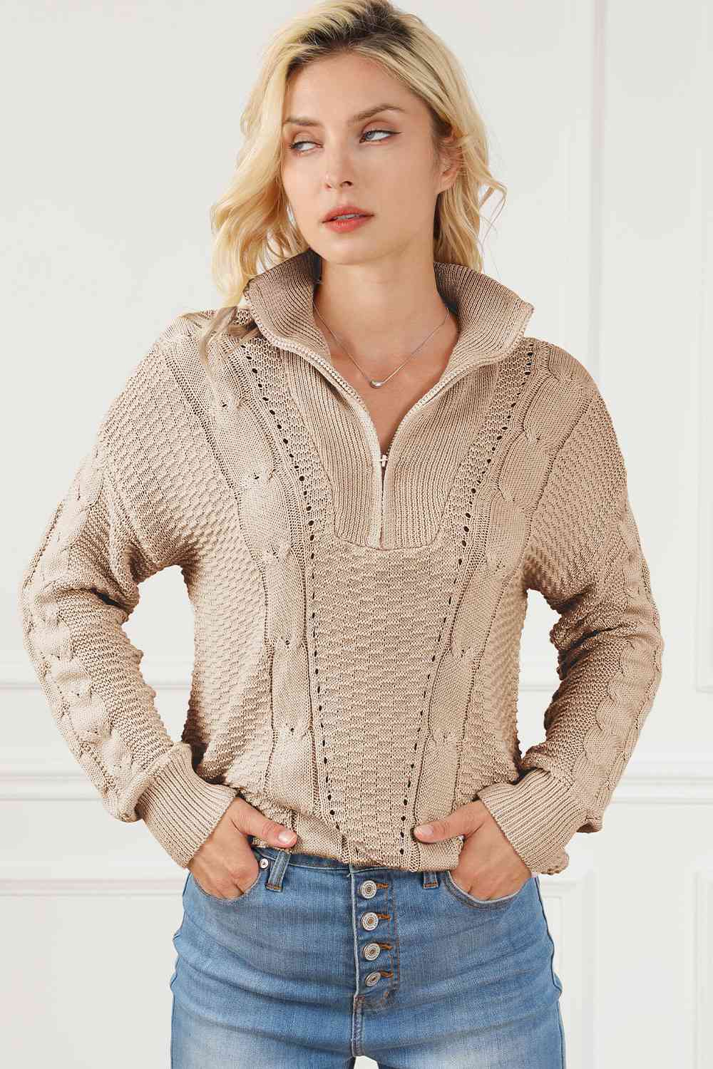 Cable-Knit Half Zip Long Sleeve Sweater