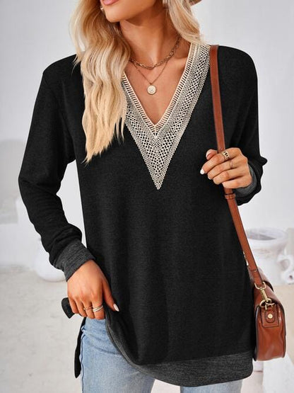 Crochet V-Neck Long Sleeve Slit Top Black / S