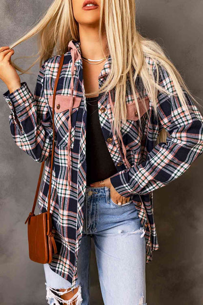 Plaid Drawstring Hooded Jacket with Pockets