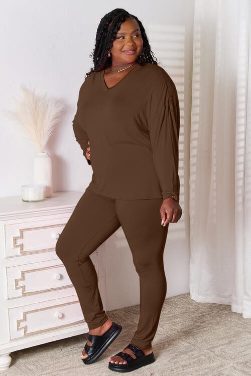Basic Bae Full Size V-Neck Soft Rayon Long Sleeve Top and Pants Lounge Set Chocolate / S