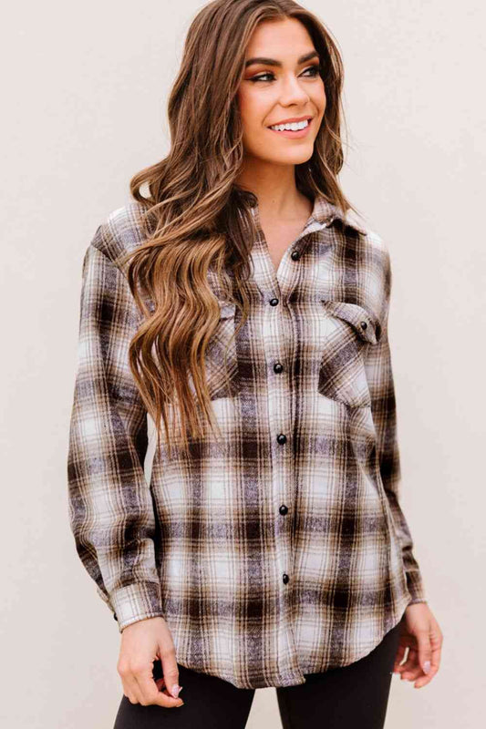 Plaid Button-Up Curved Hem Shirt with Breast Pockets Chestnut / S