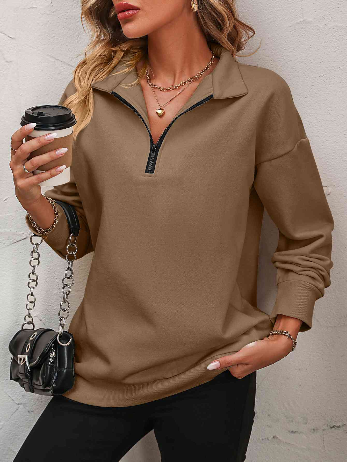 Quarter-Zip Dropped Shoulder Sweatshirt Camel / S