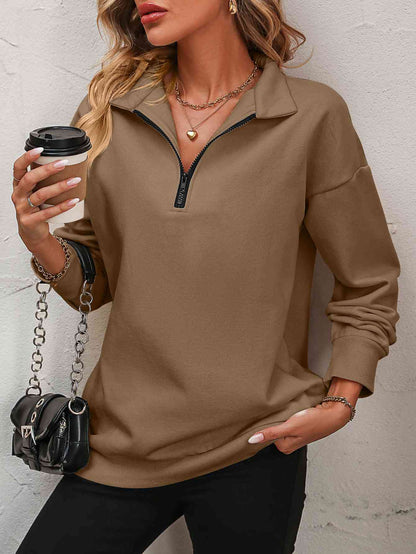 Quarter-Zip Dropped Shoulder Sweatshirt Camel / S