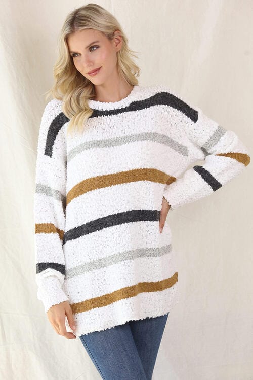 Striped Round Neck Long Sleeve Tunic Sweater