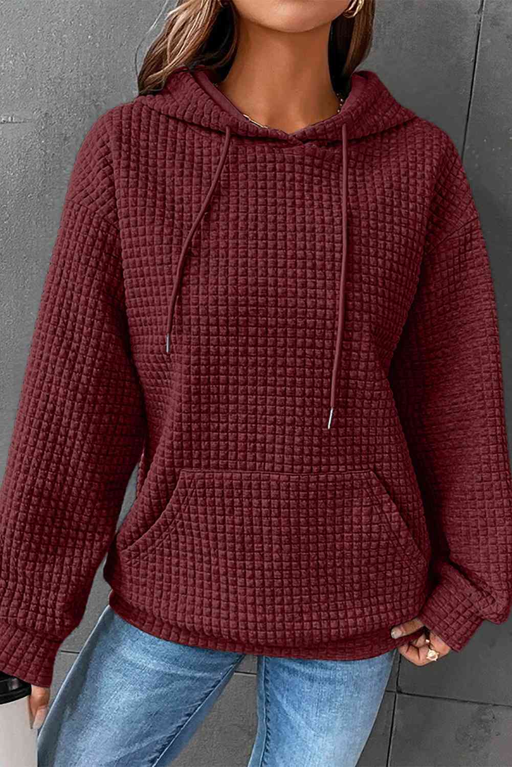 Dropped Shoulder Pocketed Hoodie Wine / S